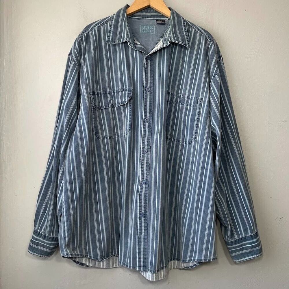Vintage Faded Glory Denim Shirt Size XL Blue Striped Button Up Y2K Street Grunge